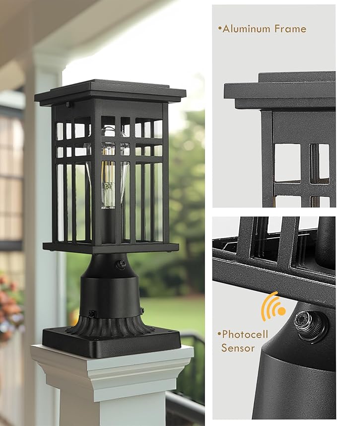 HWH INVESTMENT Outdoor Post Lantern Dusk to Dawn, Patio Pole Lamp Post for Yard Garden, Waterproof Exterior Lamp Post Lantern with Photocell Sensor, Clear Glass, 5HD36P PC BK