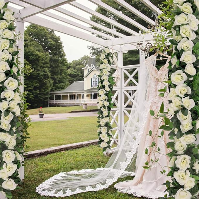 LESING Rose Garlands Artificial Rose Vines,4PCS(28.8FT) Fake Silk Flower Garland with Greenery Plants Wedding Hanging Flower Vines Garlands for Home Office Arch Garden Decoration (White)