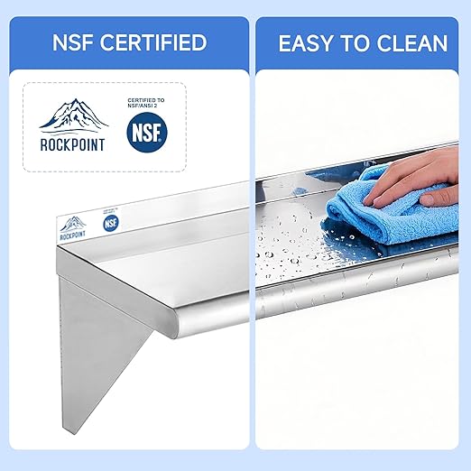 ROCKPOINT Stainless Steel Shelf 12 x 48 Inches 350lb, NSF Metal Commercial Shelves Wall Mount Floating Shelving with Backsplash for Restaurant, Kitchen, Home and Hotel, Silver