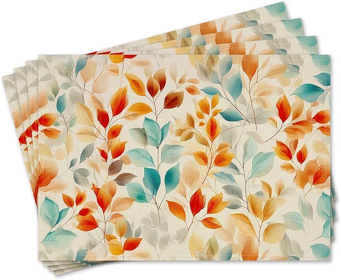 Double Side Set of 4 Eucalyptus Leaves Fall Placemats Seasonal Autumn Harvest Table Mats for Indoor Outdoor Home Party Dining Decor Farmhouse Burlap Table Mats 12x18 Inch #WP024