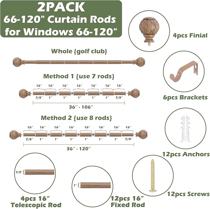2 Pack Wood Curtain Rods 66 to 120 Inch,1 Inch Adjustable Long Curtain Rod,Netted Texture Window Curtains Rods,Farmhouse Heavy Duty Brown Wood Grain Decorative Drapery Poles 66-120"