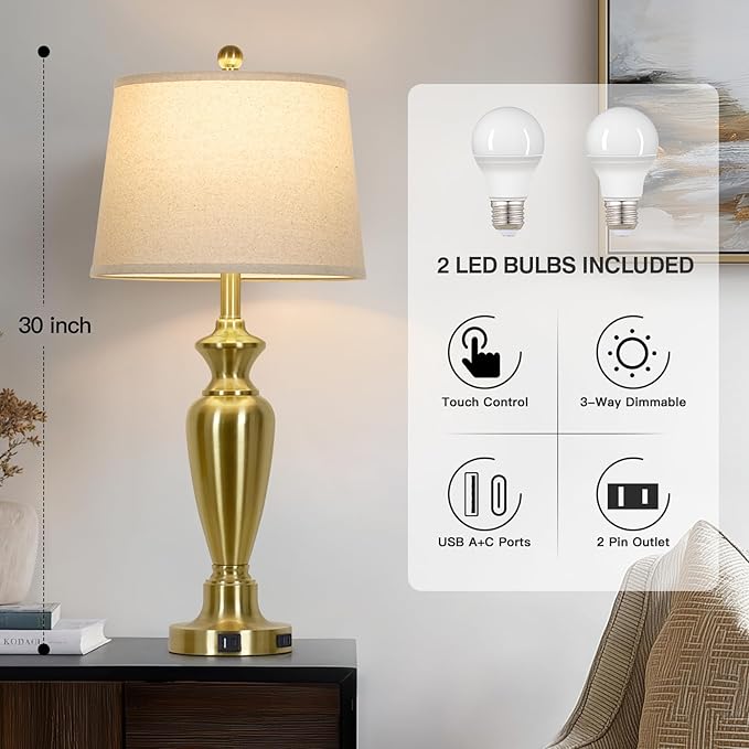 30" Tall Gold Table Lamps Set of 2 for Living Room, Touch Control Bedside Lamps for Nightstand, 3-Way Dimmable Bedroom Table Lamp with USB A+C Ports and AC Outlet (2 LED Bulbs Included)