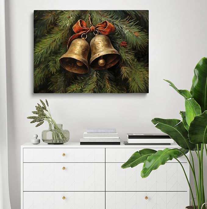 Victorian Country Christmas Art,Christmas Jingle Bells Wall Art,Brass Bells Poster,Winter Still Life Print,Christmas Oil Painting,Christmas Living Room Fireplace Office Decor12x16inch Framed Art