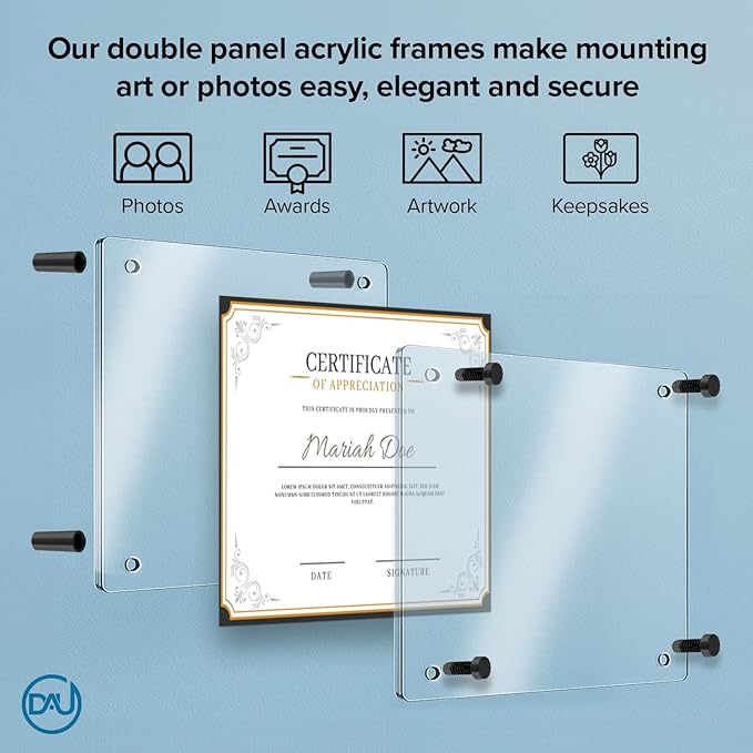 Acrylic Floating Frames Black Standoffs(single) 11" x 14" Clear Acrylic Frames for Wall Mount Floating Picture Frame, Diploma Poster Certificate Hanging Photo Display Degree Prints Artwork Documents