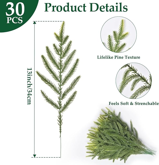 30 PCS Real Touch Christmas Norfolk Pine Stems Branches, 13 Inch Soft Droopy Artificial Greenery Pine Picks Faux Greenery Stems for Table Garland Wreath Mantel Holiday Indoor Home Decor