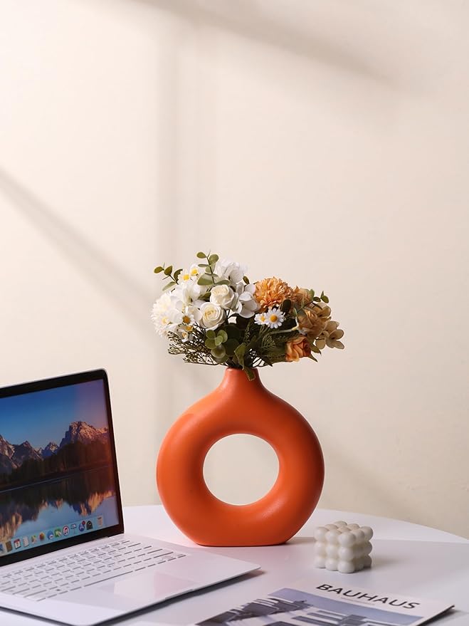 Modern Donut-Shaped Decorative Vases, Handmade Minimalist Boho ins Style, Modern Vase for Home Decor for Wedding Dinner Table Party Living Room Office Bedroom (Orange, Large + Small)