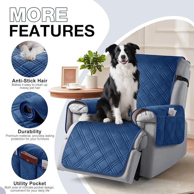 TAOCOCO 100% Waterproof Recliner Chair Cover, Recliner Covers for Recliner Chair with Pocket, Non Slip Reclining Chair Cover Furniture Protector for Kids, Pets(23.6'', Dark Blue-Velvet)