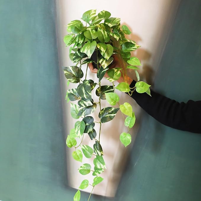 alyptus Fake Pothos Hanging Plants - 33" Set of 2 Artificial Silk Ivy Vines with Pots, Realistic Faux Greenery for Indoor Home Decor, Low Maintenance Hanging Plant Decoration (Golden Green)