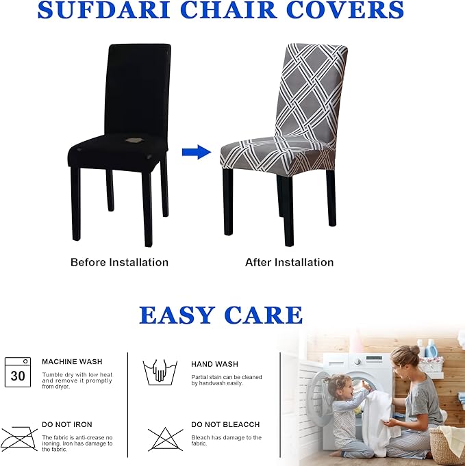 Sufdari Dining Chair Covers,Kitchen Chair Cover,Parsons Chair Slipcover,Spandex Chair Protectors for Dining Room Stretch Chairs Cover Set of 6 -Gray Diamond