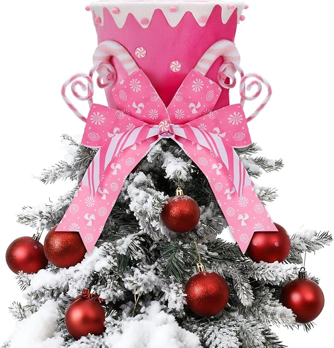 Jenaai Christmas Tree Topper Hat Candy Canes Tree Topper with Striped Bow Ribbon and Lollipop Christmas Decorations Desktop Ornaments Xmas Festive Gift for Home Xmas Holiday Winter Decor (Pink)