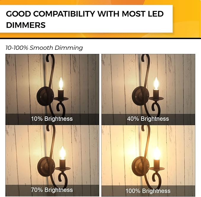 Hizashi E12 LED Bulb Dimmable 60W Equivalent, Chandelier Light Bulbs Soft White 2700K, Candelabra Light Bulbs 90+CRI 6W 550LM B11 LED Candle Bulb with Candelabra Base, UL Listed, 6 Pack