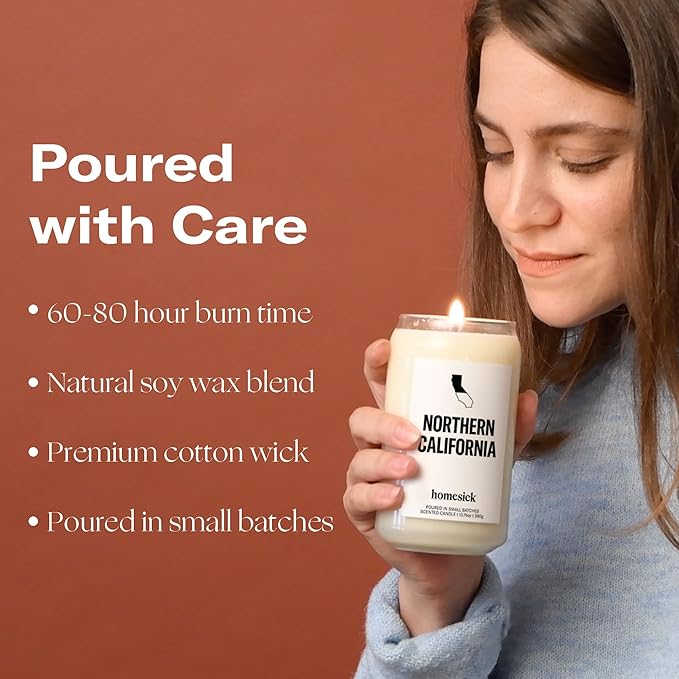 Homesick Scented Candles for Home (California Norcal) - 13.75 oz Long-Lasting Soy Wax Jar Candle for Women & Men for All Occasions, 60-80 Hours Burn Time - Notes of Pear, Vanilla & Amber