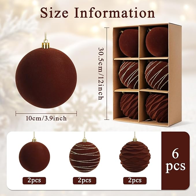 Artmag 6Pcs Velvet Christmas Ornaments Balls Sets for Christmas, Plastic Shatterproof Xmas Tree Flocked 3.94 inch Ornaments Balls for Winter Holiday Decor (Brown)