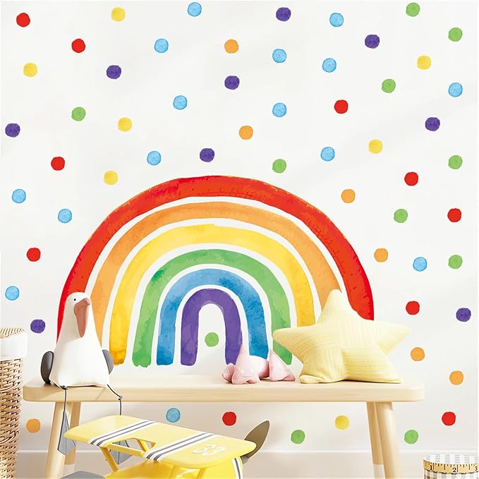 Large Rainbow Wall Decal, Peel and Stick Colourful Rainbows Wall Stickers, Multicolor Polka Dots Wall Decor, Vibrant Rainbow Decoration for Girls Bedroom Kids Nursery Classroom Playroom