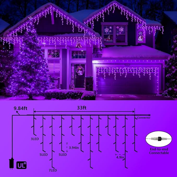 YEGUO 33ft 400 LED Purple Icicle Christmas Lights Outdoor Waterproof, 80 Drops Icicle Light Connectable, 8 Modes Christmas Lights Indoor with Memory Timer
