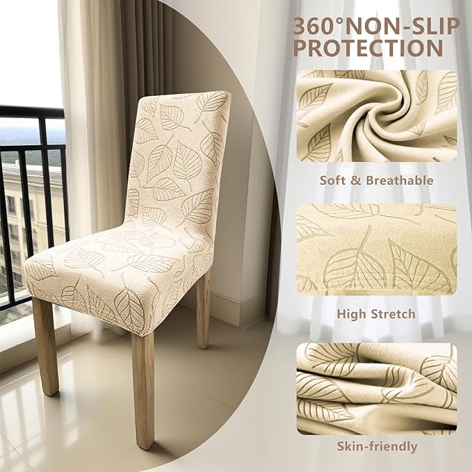 Dining Chair Covers,Dining Room Chair Covers Set of 4,Printed Chair Slipcover, Soft Removable Washable,Pet Friendly Furniture Protector Seat Cover,Universal Fit for Hotel,Banquet（Beige Leaf）