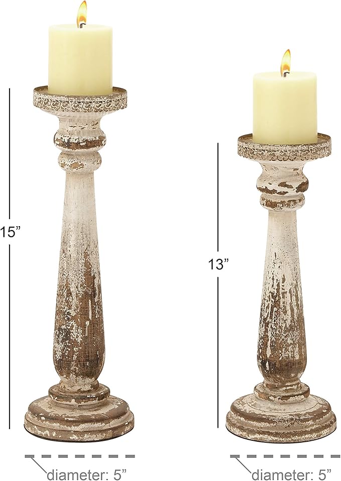 Deco 79 Wood Distressed Pillar Candle Holder, Set of 2 13", 15"H, Brown