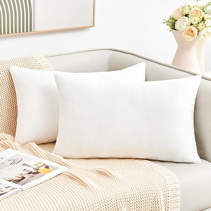 Throw Pillow Covers White Decorative Velvet Set of 2 12x20 Inch Pillow Covers, Soft Lumbar Pillow Covers for Couch Sofa Bed Living Room, Farmhouse Neutral Home Boho Decor, Accent Cushion Cases