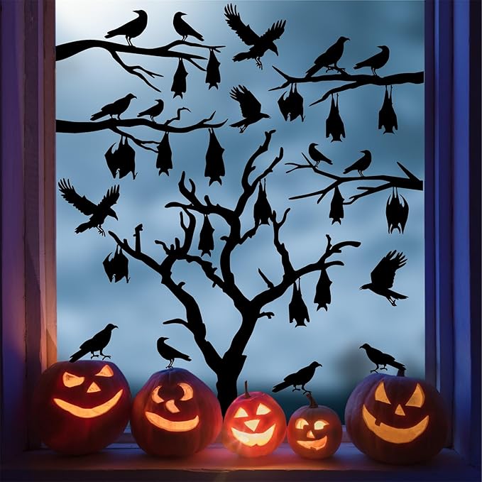 Large Halloween Window Stickers Halloween Tree Walls Decals Bats Stickers Black Bird Crow Decals Peel and Stick Halloweens Tree Branch Wall Art Sticker Halloweens Vinyl Decor for Party Supply Gift