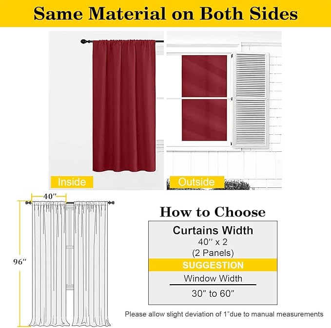 Red Blackout Curtains for Bedroom Living Room 96 Inches Long 2 Panels, Soft Solid Room Darkening Thermal Insulated Window Treatments, Modern Rod Pocket Curtain, Red, Each 40" Wx96 L
