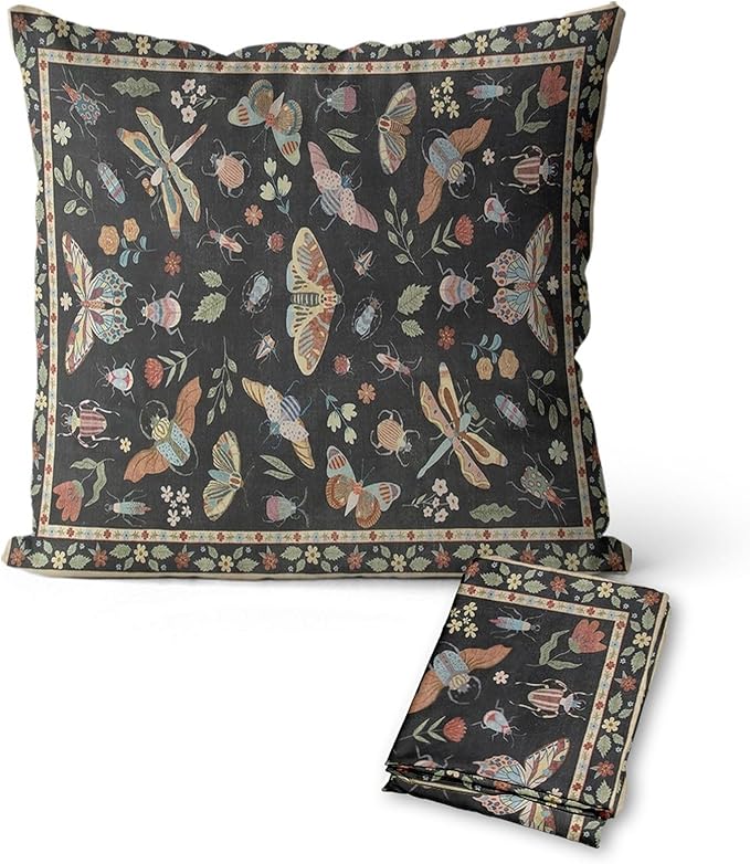 Boho Throw Pillow Covers 18x18 Inch Moody Floral Butterfly Throw Pillow Covers for Couch Vintage Black Decorative Pillowcases Rustic Botanical Insect Farmhouse Sofa Cushion Cover Sets of 2