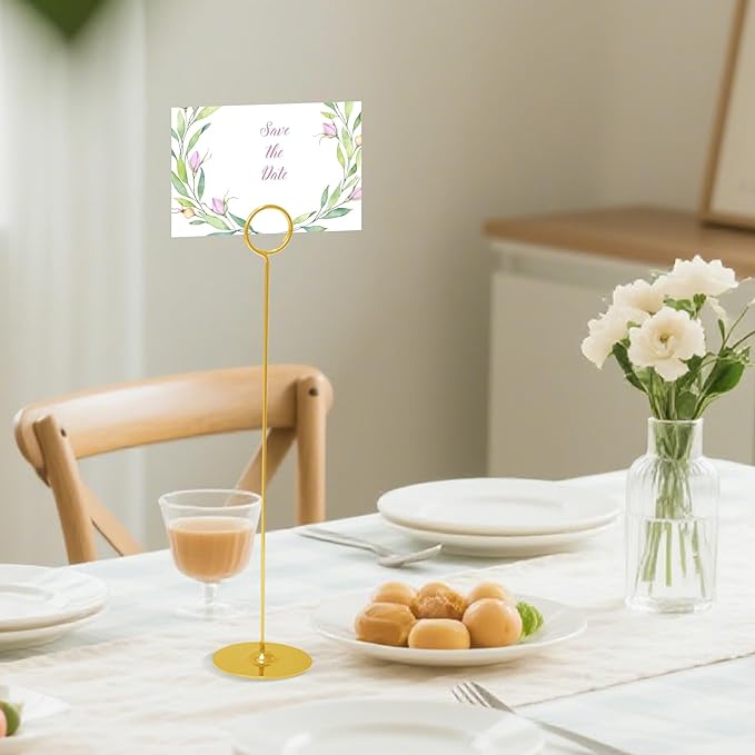 ERYTLLY 16PK Place Card Holders 12 Inch Table Number Holders Table Card Holders Steel Card Holders for Birthdays,Weddings,Photos, Food Signs, Memo Notes, Restaurants (Gold)