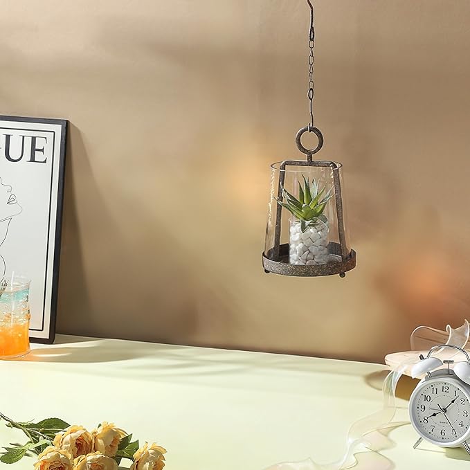 6" Wide Modern Farmhouse Metal Hurricane Candle Holder with Handmade Sturdy Glass Sleeve in Rustic Brown for Pillar Candle & Plants, Glass Hurricane Lantern, Industrial, Minimalistic