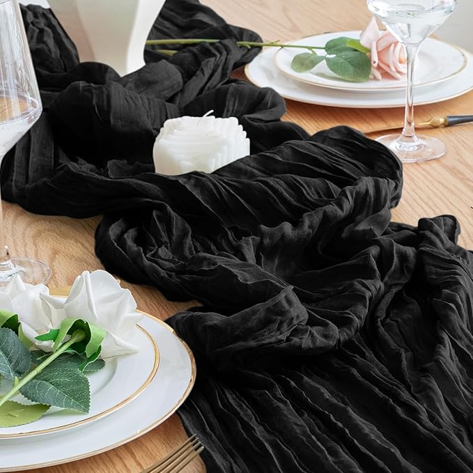 2PCS Table Runner Cheesecloth 10FT Black Boho Gauze Cheese Cloth Rustic Sheer Table Runners for Wedding Birthday Bridal Baby Shower Party Decoration