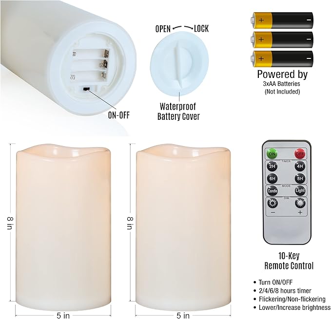 8" x 5" Waterproof Outdoor Flameless Candles Battery Operated LED Flickering Pillar Candles with Remote and Timer for Indoor Outdoor Lanterns, Long Lasting, Ivory White Large, Set of 2