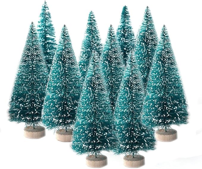 Artificial Mini Sisal Christmas Trees Snow Frost with Wooden Bases for Home Party Decoration Ornament DIY Craft (Blue-Green, 12.5 cm/10 pcs)