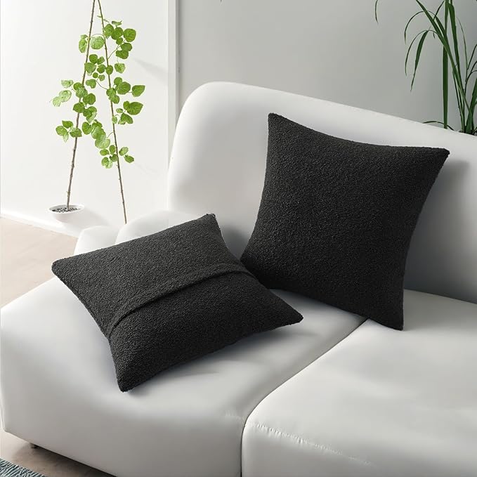 HAUSSY Set of 2 16x16 Decorative Throw Pillow Covers, Soft Cozy Textured Boucle Couch Cases, Home Decor for Couch Bed Living Room, Black