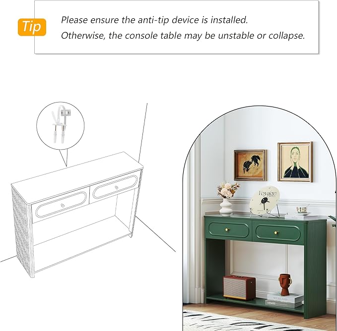 ORRD Fluted Console Table with Drawers, Mid-Century Narrow Entryway Table with Open Storage Shelves, Hallway Accent Tables Behind Couch Tables for Living Room (Green)