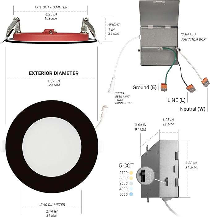 NUWATT 2 Hour Fire Rated Recessed Lighting 4 Inch Wafer LED Lights, 5 CCT 2700K/3000K/3500K/4000K/5000K, Wet & IC Rated, CRI 90 Black Recessed Lighs, 12W, Dimmable 900LM, No Tenmat Needed, ETL, 6 Pack