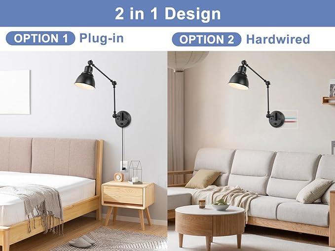 1 Pack Plug in Wall Sconce, Dimmable On Off Switch, Swing Arm Wall Lamp, Black Metal Industrial, Plug in Wall Light (Black, Without Bulb+Remote)
