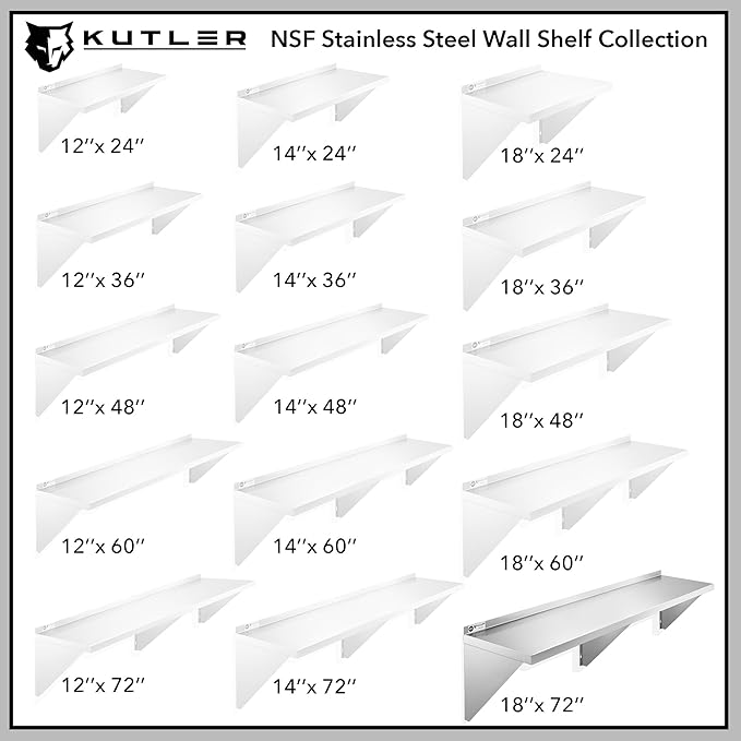 KUTLER Stainless Steel Shelf - 18" x 72", NSF Commercial Wall Mount Shelves with Backsplash, Floating Metal Shelving for Restaurant, Kitchen, Home