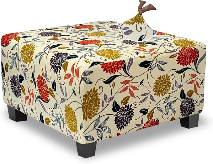 Ottoman Cover Square Slipcovers Printed,Stretch Footrest Stool Cover for Ottoman Square,Soft Foot Stool Cover Protector with Nonslip Elastic Bottom (Medium,Flower B)