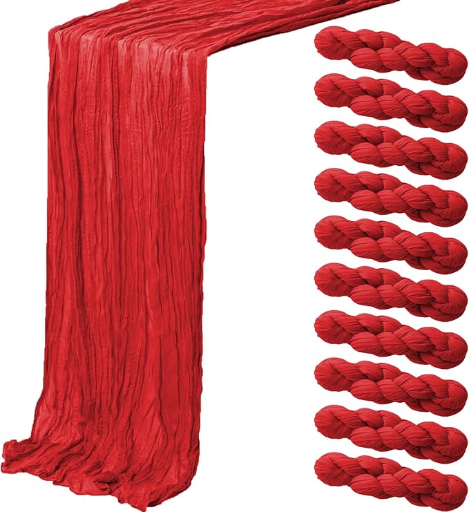 10 Pack Red Cheesecloth Table Runner,10FT/120 Inch Boho Gauze Fabric Table Runner,Rustic Sheer Red Cheese Cloth Runner Bulk for Wedding,Bridal Baby Shower,Christmas Party,Holiday Home Table Decor