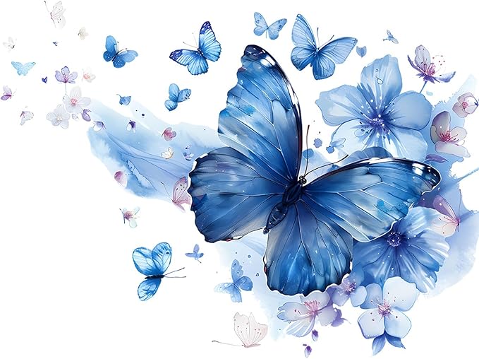 Blue Butterfly & Flower Watercolor Wall Decals – Large Removable Vinyl Stickers, Dreamy Wall Art for Bedroom, Living Room, Bathroom, or Office Decor