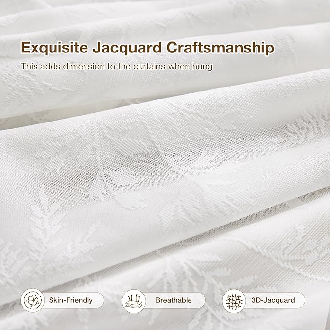 Anmao White Semi Sheer Light Filtering Curtains 72 Inches Long 2 Panels, Leaf Pattern Drapes for Living Room Bedroom, Rod Pocket Sheer Window Treatments with Floral Design, 52x72 Inch