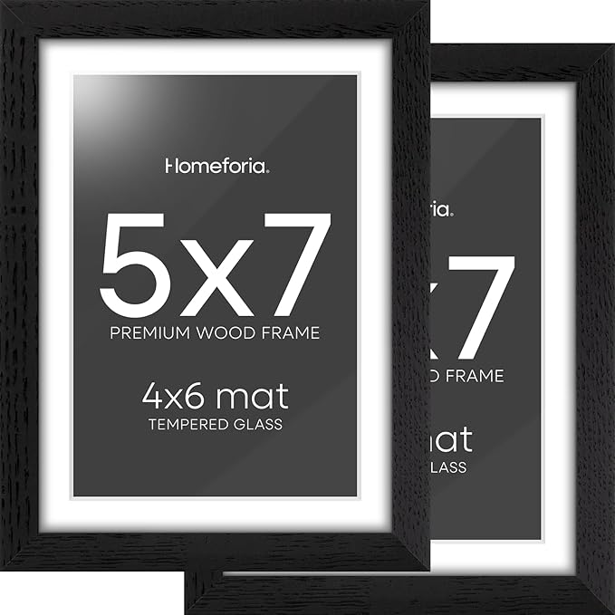 Homeforia 5x7 Picture Frame Black Wood, High End Oak 5by7 Black Wooden Frames with Mat 4x6 Print, 5 x 7 Frame Matted to 4 x 6 inch Photo, 7x5 Wall or Tabletop Frame, Tempered Glass, Wall Kit, Set of 2