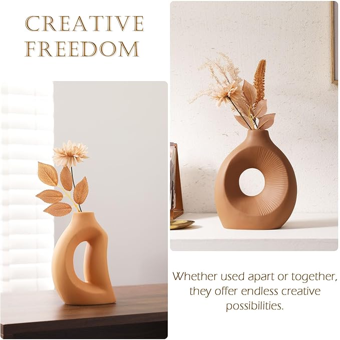 Ceramic Vase Set of 2 - Handcrafted Ceramic Vases for Home Decor & Shelf - Modern Farmhouse Decor for Kitchen, Office, Bedroom & Living Room Decorative Objects for Mantel, Table Centerpieces