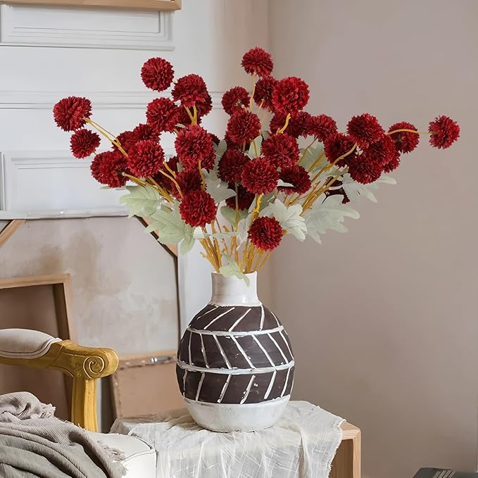 Hananona 12 Pcs Artificial Chrysanthemum Flowers, Red Kiku Pom Pom Mums Flower BurgundyFaux Floral Arrangements Wedding Centerpiece for Fall Autumn Home Kitchen Decor (12, Burgundy)