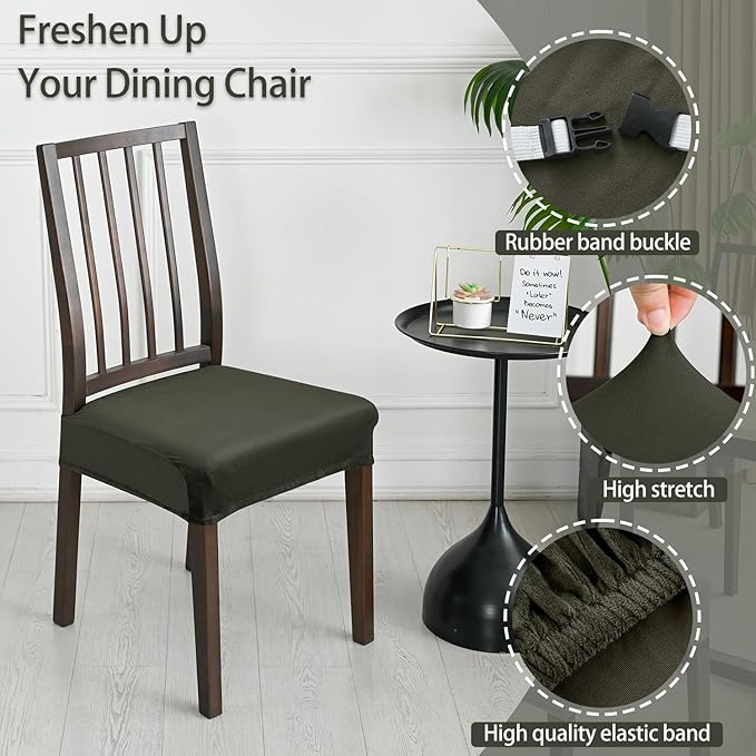 Dining Chair Seat Covers Set of 6, Stretch Velvet Chair Seat Slipcovers Protector, Removable Washable Kitchen Chair Covers for Dining Room Chairs (Set of 6, Military Green)