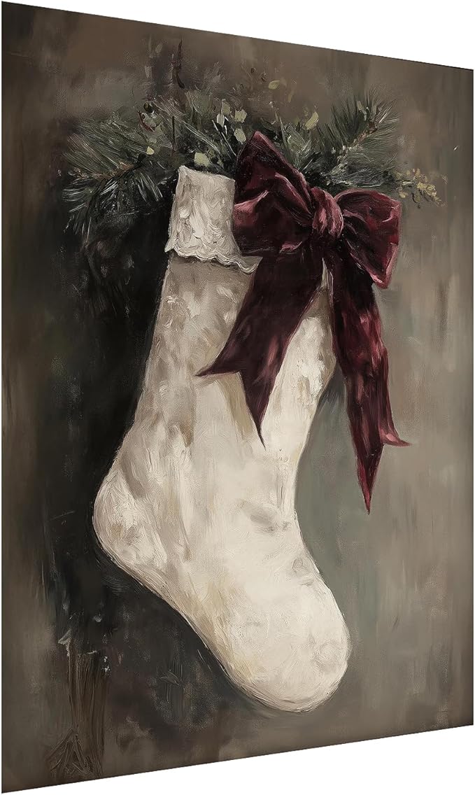 Vintage Christmas Victorian Stocking Poster,Rustic Christmas Winter Wall Art,Burgundy Holiday Decor,Festive Victorian Stocking Art,Christmas Home Fireplace Decor12x16inch Unframed