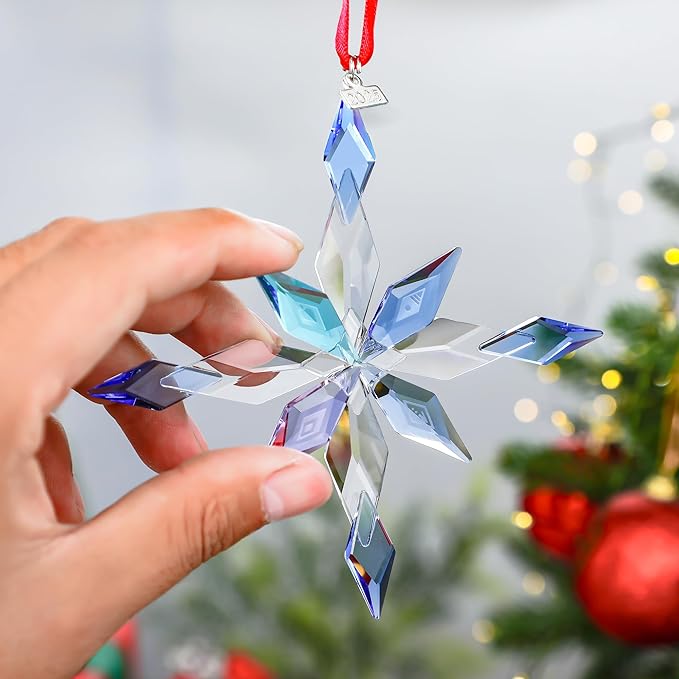 2025 Crystal Snowflake Ornaments Glass Christmas Star for Tree Window Hanging with Bead Chains and Ribbons