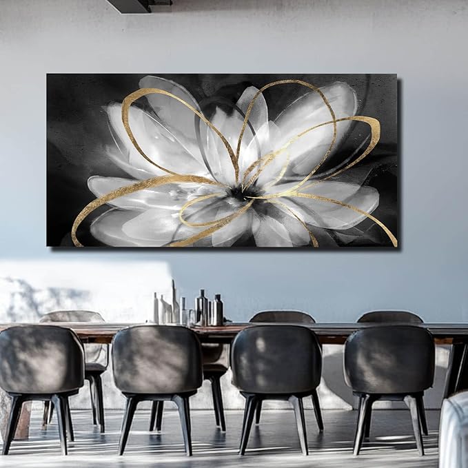 SOUGUAN Flower Large Artwork Gold Wall Decor White Canvas Paintings for Living Room Bedroom Kitchen Office 30"x 60"