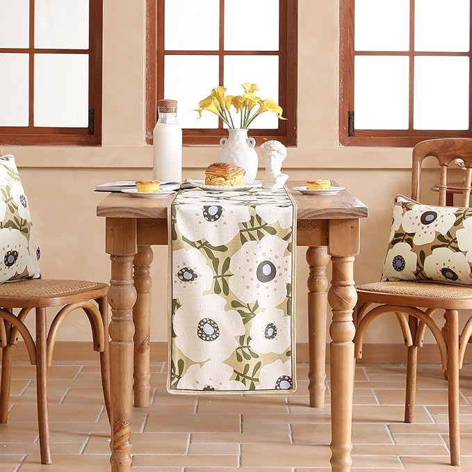 Rectangle White Flower Table Runner 102 Inches Long,Vintage Rustic Farmhouse Linen Floral Table Runners,Fall Decorations for Home Thanksgiving Christmas Party.12"*102" Inches-Hidaka