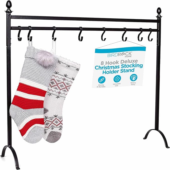 BIRDROCK HOME 8 Hook Christmas Stocking Holder Stand - Modern Holiday Decoration Holder - Black Freestanding Decor Hanger - Heavy Duty