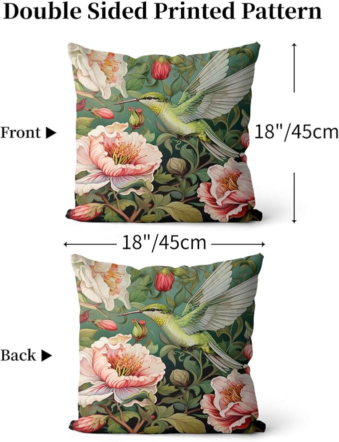 William Morris Pillow Covers 18x18 Inch Hummingbird Print Pillow Protectors with Zipper Standard Size Vintage Spring Floral Botanical Pillowcases Midcentury Modern Bed Pillow Covers Set of 2