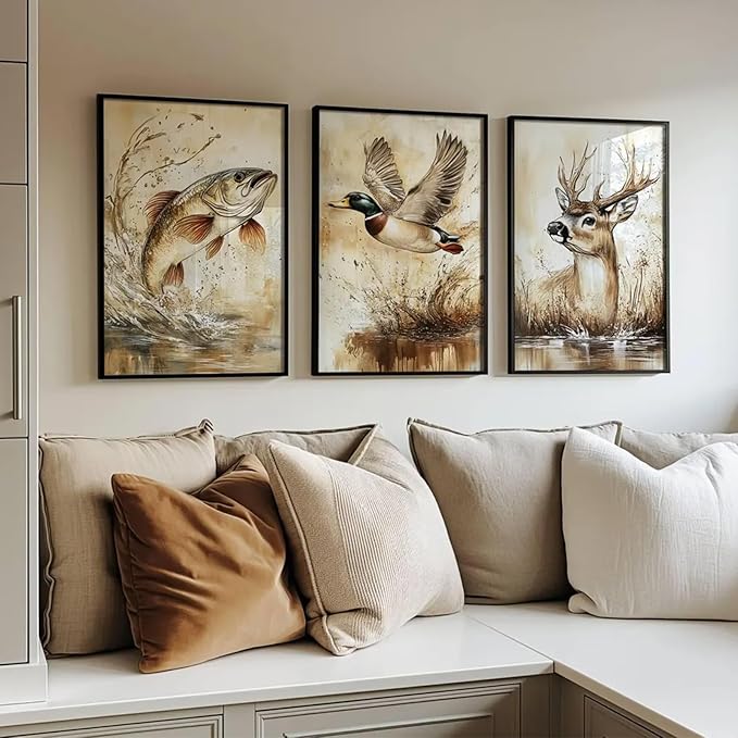 Vintage Animal Wall Art Baby Boy Room Canvas Wall Decor Farmhouse Animal Posters Kids Nursery Hunting Art Prints Rustic Deer Fish Pictures Mallard Duck Painting for Bedroom 12x16 Inch Unframed 3pcs